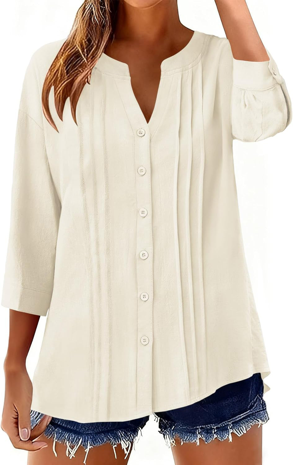 Damen Tunika Bluse mit V-Ausschnitt, Kellerfalten & 3/4 Ärmeln. Locker & sommerlich.