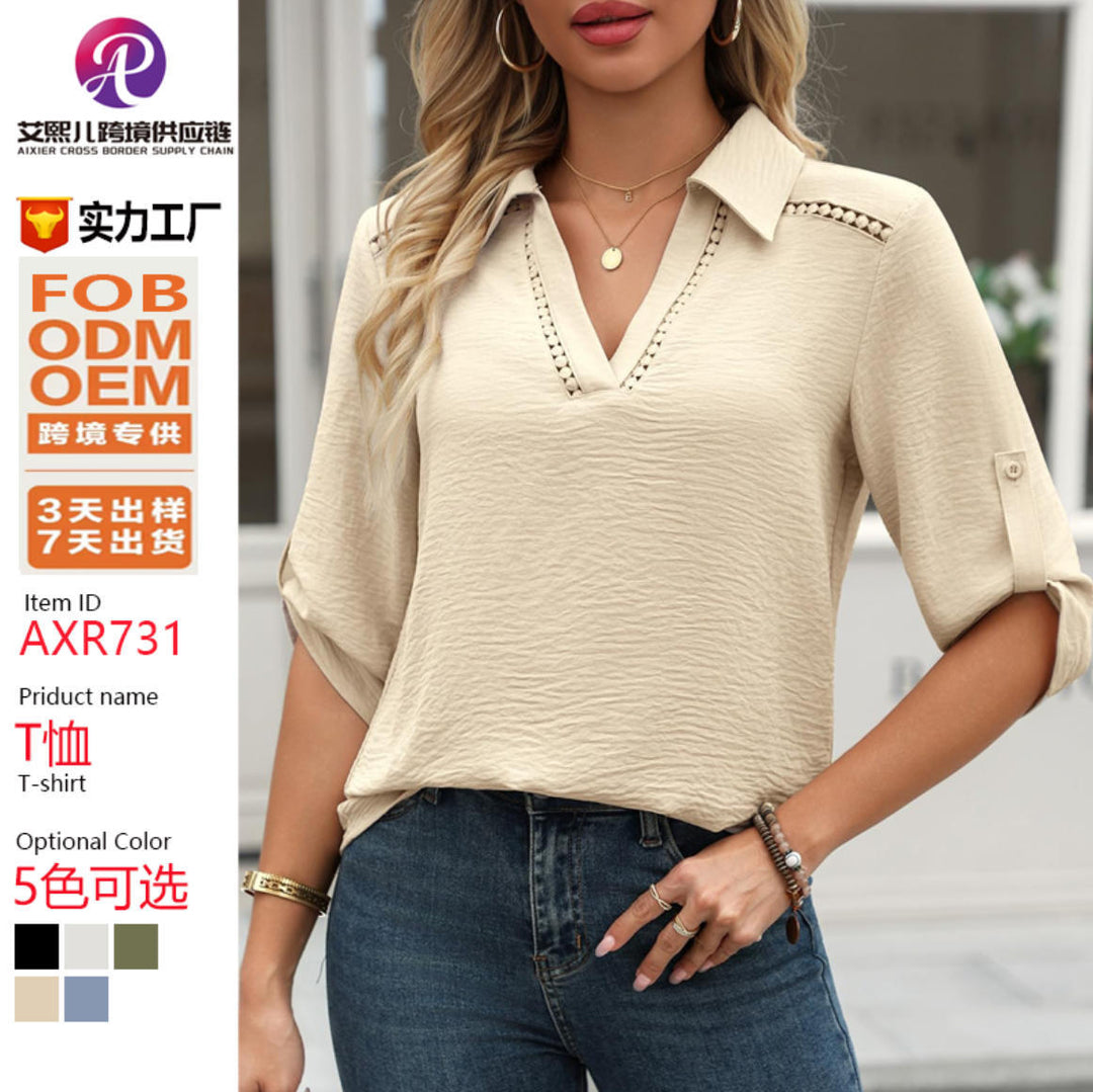 Elegante Damen Spitzenbluse mit V-Ausschnitt & Krempelärmeln, ideal für Büro oder Freizeit im Frühling/Sommer.