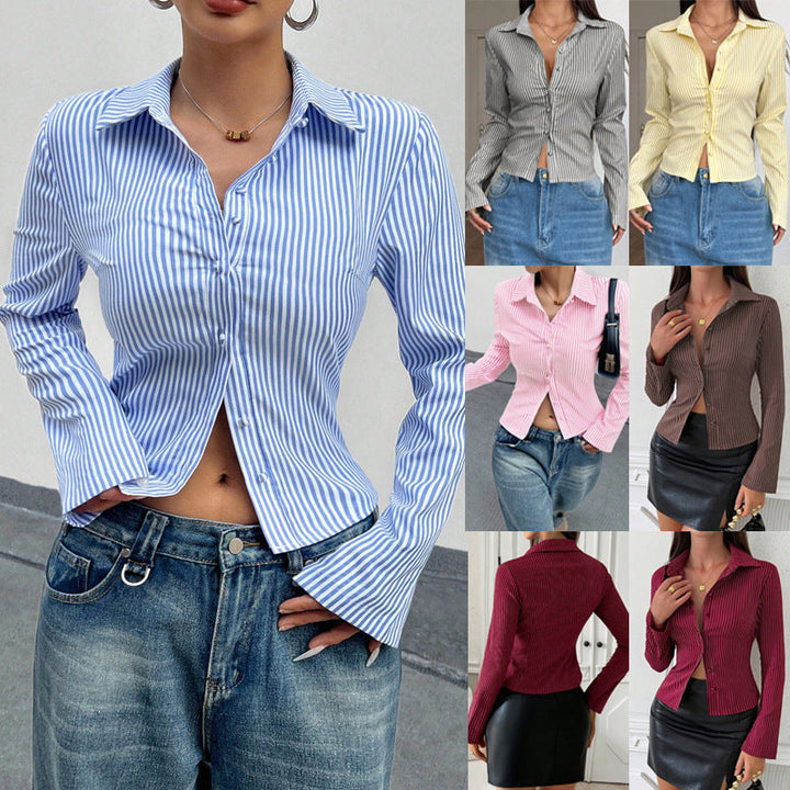Gestreiftes Damen Blusenshirt mit Kentkragen, tailliert & elegant. Ideal für Business und Freizeit.