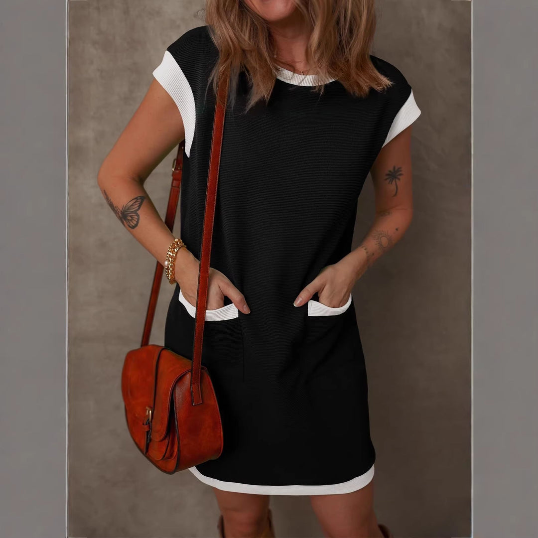 Modernes Business-Shiftkleid für Damen, ärmellos, A-Linie, mit dezenten Kontrastdetails. Perfekt fürs Büro.