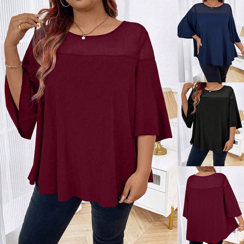Elegantes Damen Tunika Top mit transparentem Einsatz, weite Passform und Flügelärmeln für lässigen Chic.
