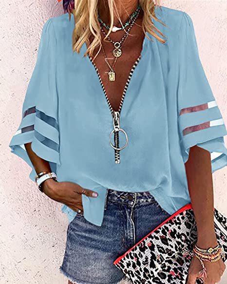 Elegante Damen Bluse mit V-Ausschnitt & Ringreißverschluss. Lässige Sommerbluse mit Cut-Out-Ärmeln.
