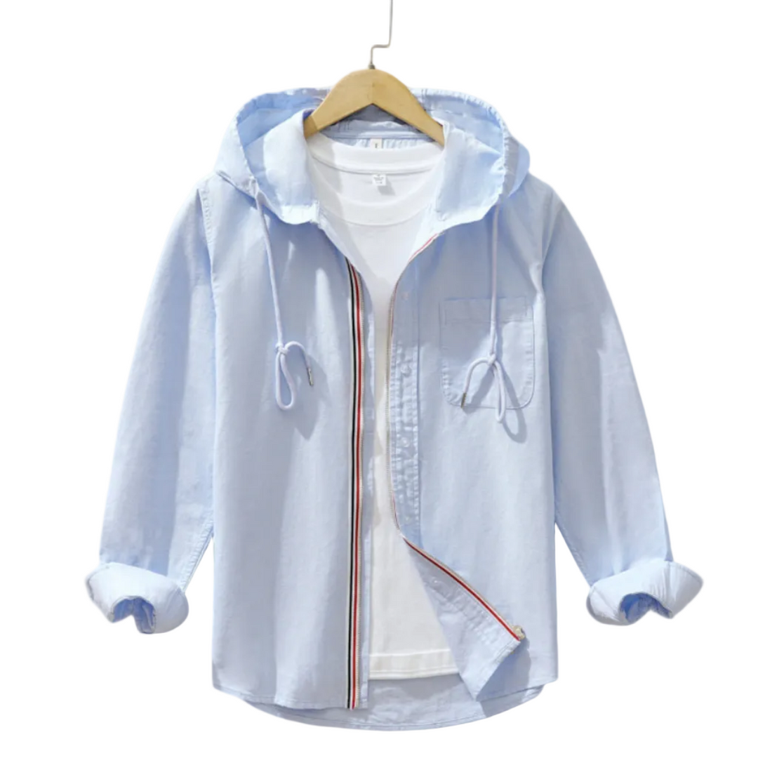 Bequeme Herren Kapuzenjacke mit Reißverschluss, blau-weiß. Ideal für Freizeit, Sport & Alltag.