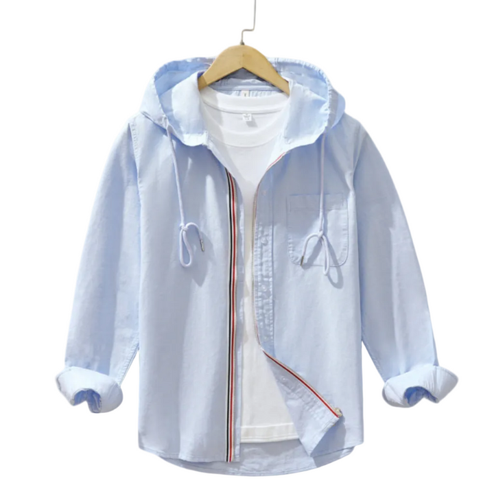 Bequeme Herren Kapuzenjacke mit Reißverschluss, blau-weiß. Ideal für Freizeit, Sport & Alltag.