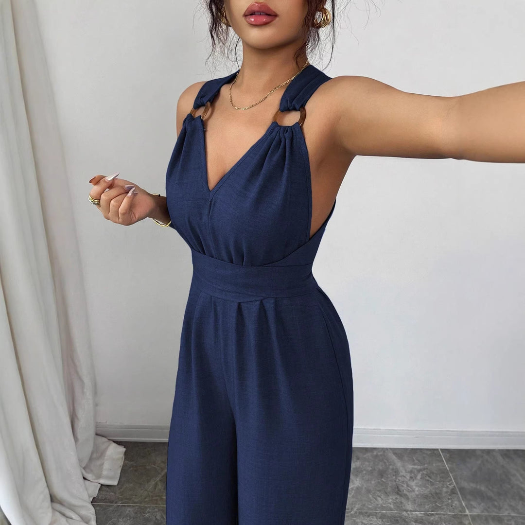 Damen Jumpsuit für Sommer & Abend, weites Bein, V-Ausschnitt, Taillengürtel. Moderne & bequeme Frauenbekleidung.