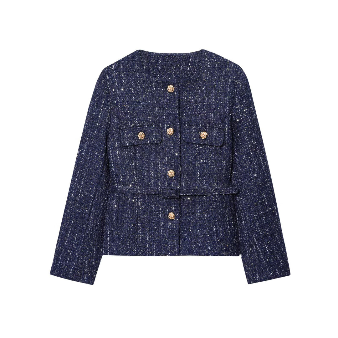 Dunkelblaue elegante Damen-Kurzjacke mit goldenen Knöpfen; perfekt für Business-Looks & Freizeit.