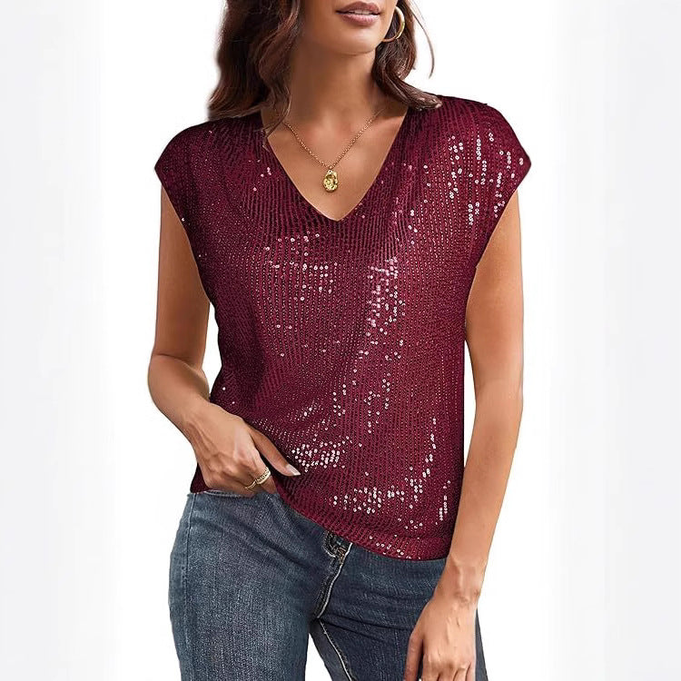 Elegantes Damen Pailletten-Top mit V-Ausschnitt. Perfekt für Party & Abendmode.
