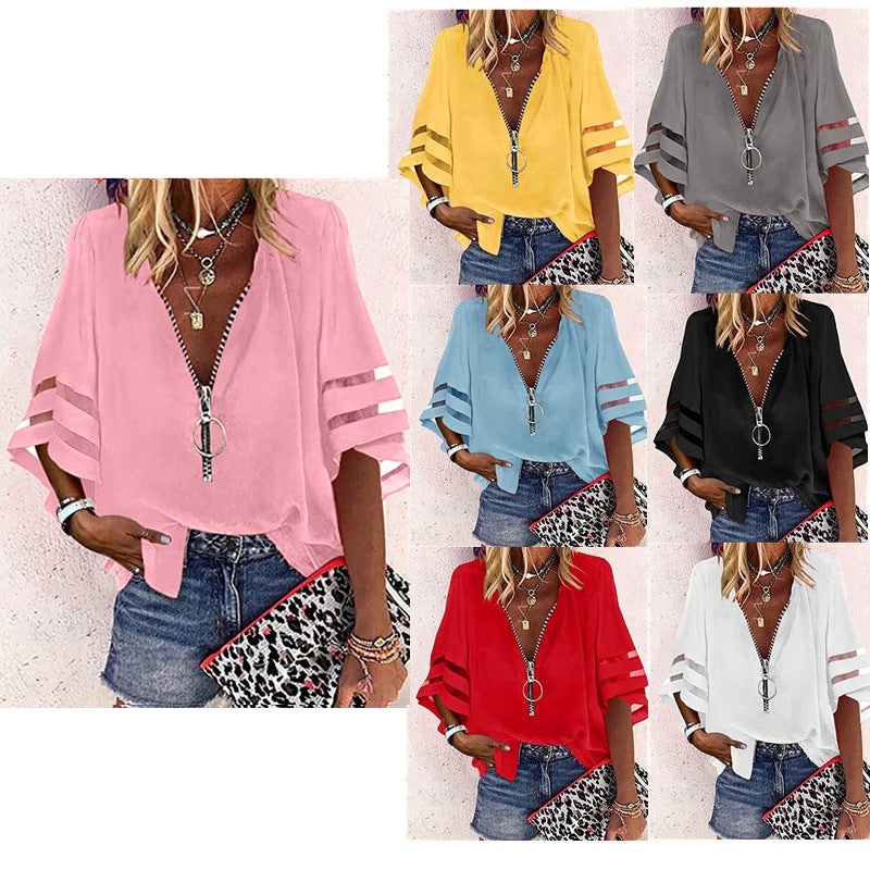 Damen Bluse mit V-Ausschnitt, Ringreißverschluss & modernen Cut-Out-Ärmeln für den Sommer.