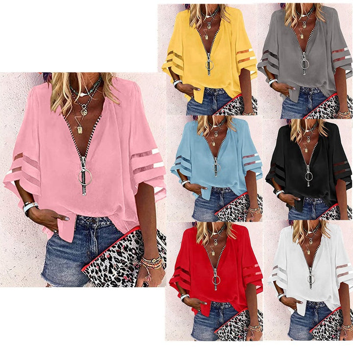 Damen Bluse mit V-Ausschnitt, Ringreißverschluss & modernen Cut-Out-Ärmeln für den Sommer.