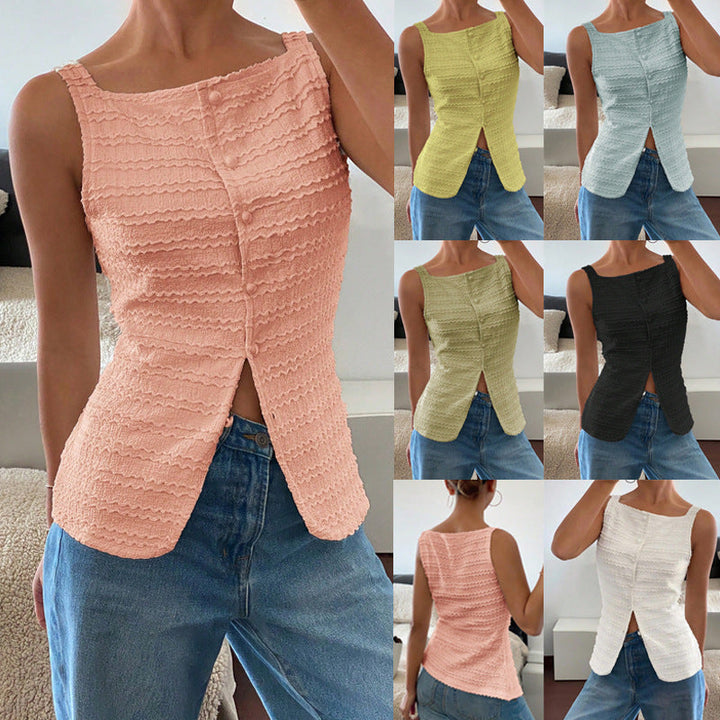 Damen ärmelloses Struktur-Top mit eleganter Zierknopfleiste, perfekt für den Sommer.