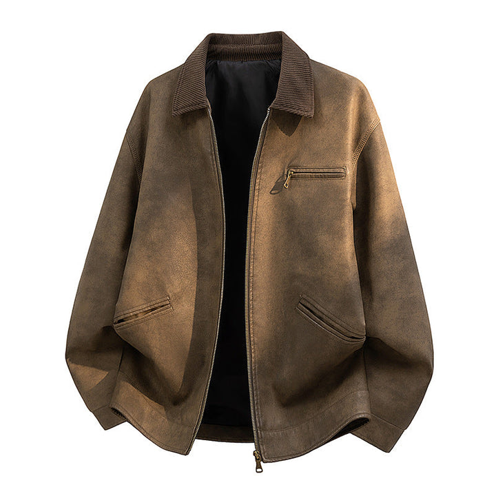 Vielseitige Herrenjacke aus Kunstleder für Frühling & Herbst. Lässiger Stil mit breitem Kragen und Lederlook.
