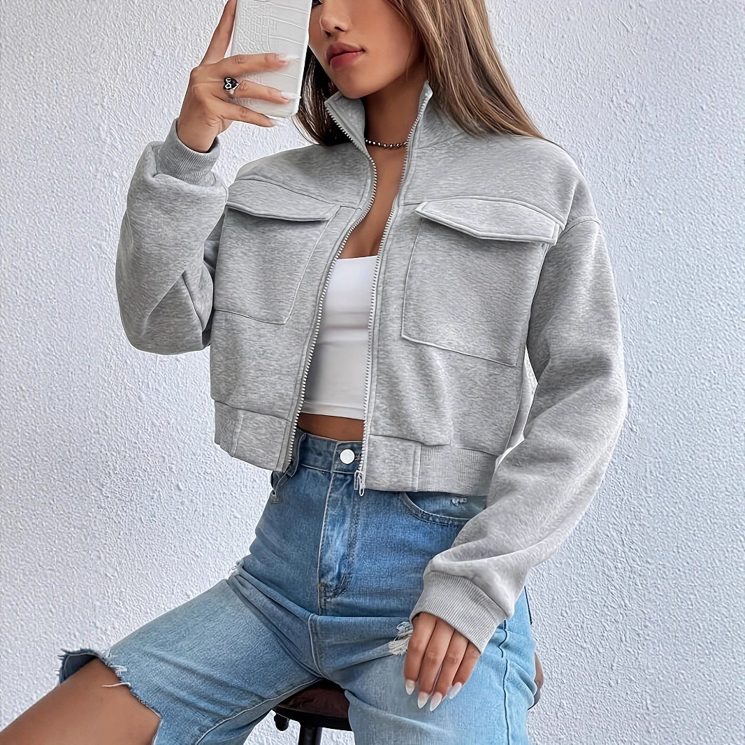 Modische Damen Cropped-Freizeitjacke, kurz geschnitten, bequem, ideal für stylische Casual-Outfits.