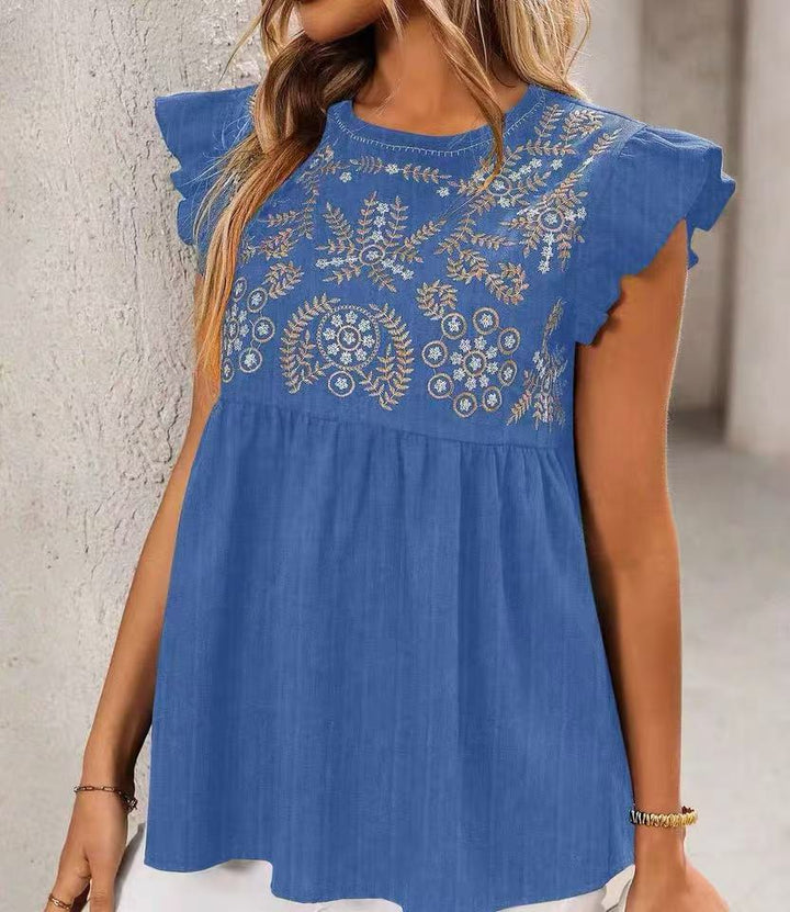 Damen Blusen-Top im Babydoll-Stil, bestickt, mit Rüschenärmeln, ideal für lässige Sommer-Outfits.