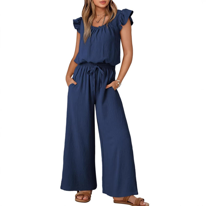 Stilvoller Crinkle-Jumpsuit für Damen, weites Bein & Rüschenärmel bieten maximalen Komfort im Sommer.