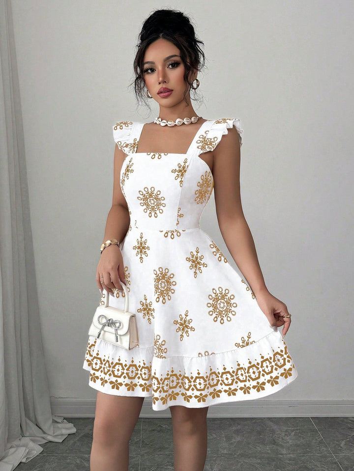 Damen A-Linie Sommerkleid mit floraler Stickerei, verspielten Rüschen-Trägern und schickem Quadrat-Ausschnitt.