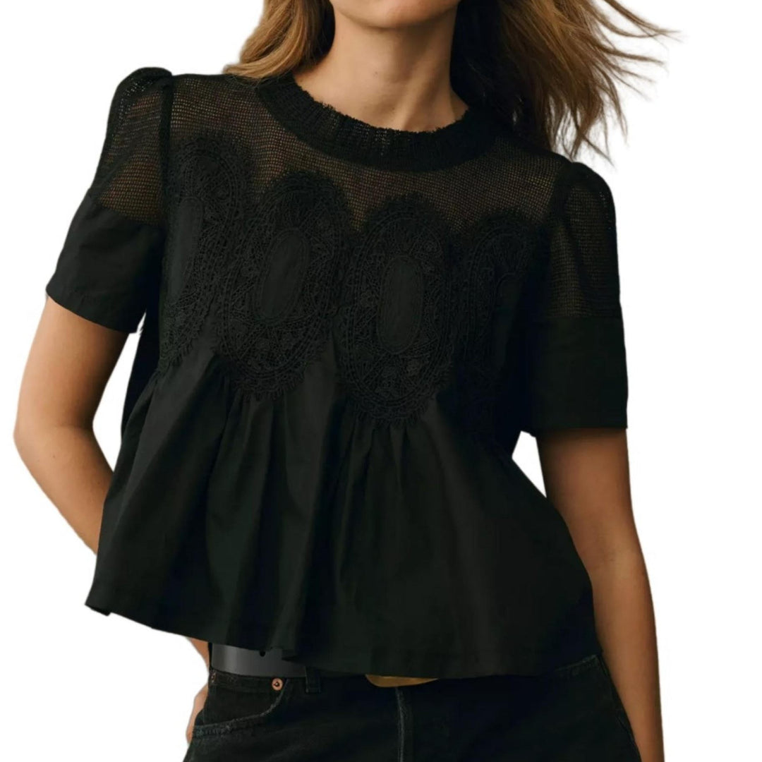 Festliche Damen Spitzenbluse mit hohem Stehkragen und dekorativem Netz-Einsatz, A-Linie, elegant.