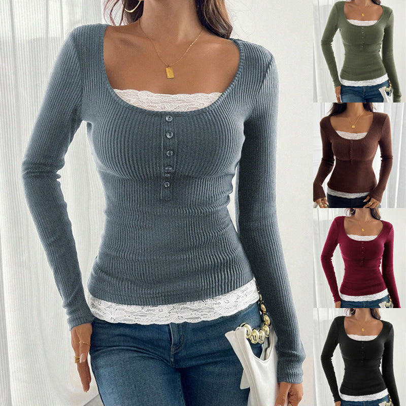 Figurbetontes Damen Top mit elegantem U-Ausschnitt und Knopfleiste. Perfekt für vielseitige Looks.