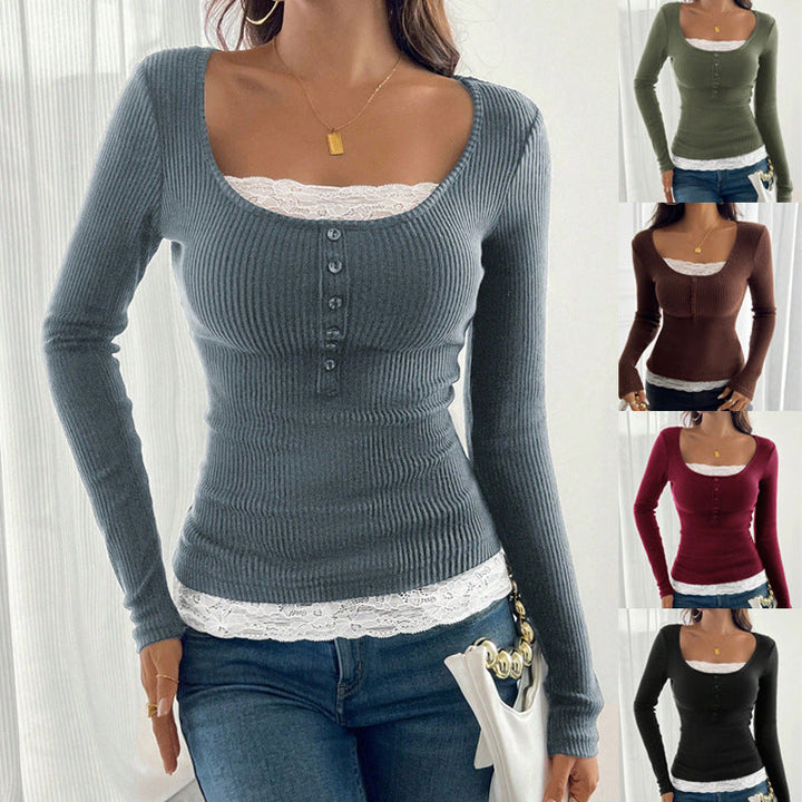 Figurbetontes Damen Top mit elegantem U-Ausschnitt und Knopfleiste. Perfekt für vielseitige Looks.