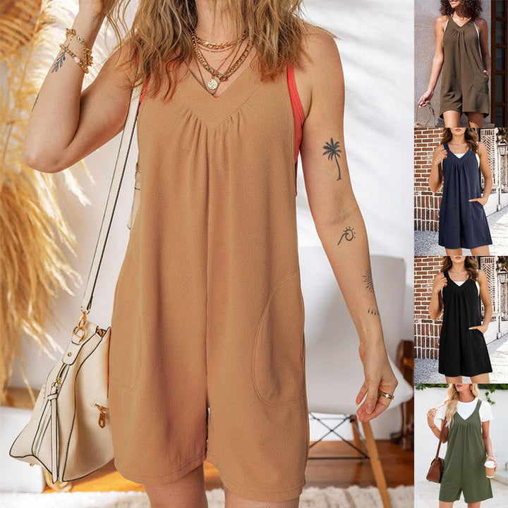 Damen Kurzoverall in Waffeloptik mit V-Ausschnitt. Locker, ärmellos und bequem für den Sommer.