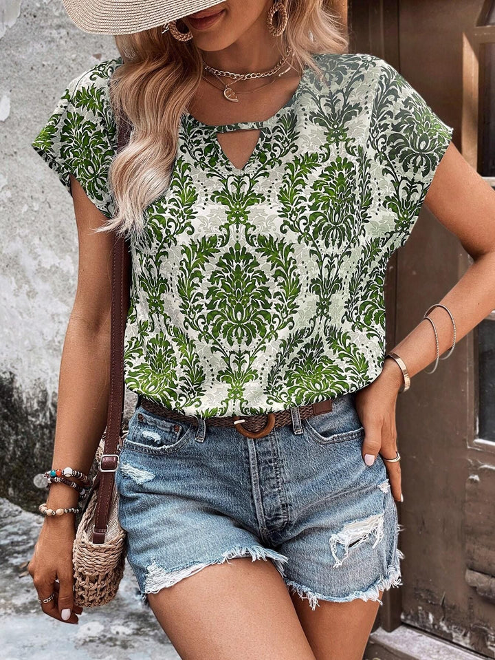 Barockmuster Damen-Top, kurzärmlig, mit Keyhole-Ausschnitt. Ein Must-have für den Sommer und Freizeit.