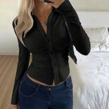Schickes Damen Langarm Top für Freizeit, figurnah mit stilvoller Raffung, V-Ausschnitt & eleganter Silhouette.