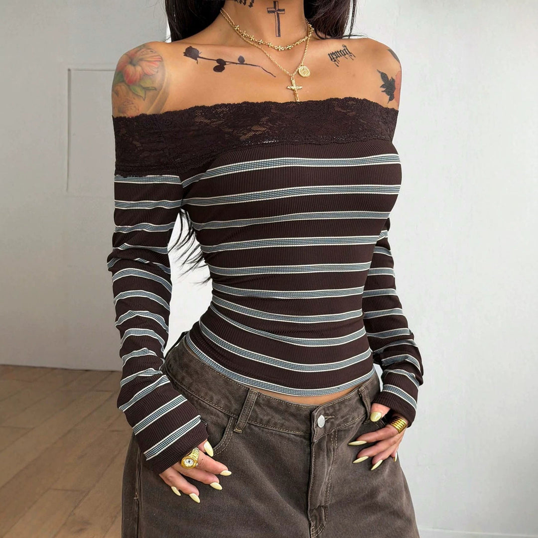 Vielseitiges Damen-Top, schulterfrei mit Spitze, ideal für Freizeit & Abend. Langarm, figurbetont und komfortable Ripp-Optik.