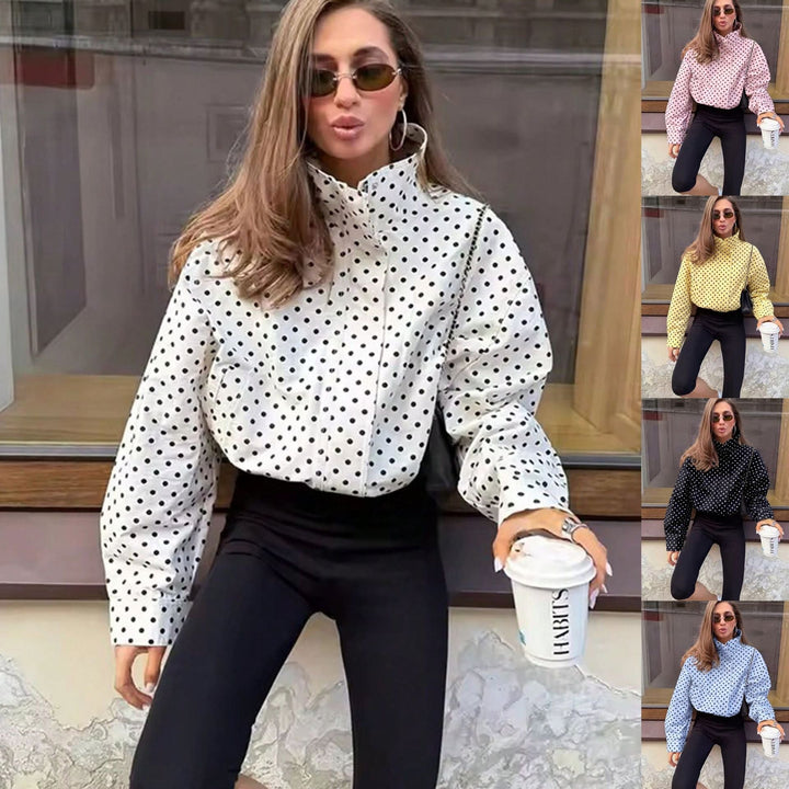 Elegante Damen Polka-Dot Bluse mit Stehkragen & modischen Ballonärmeln für Büro oder Freizeit.