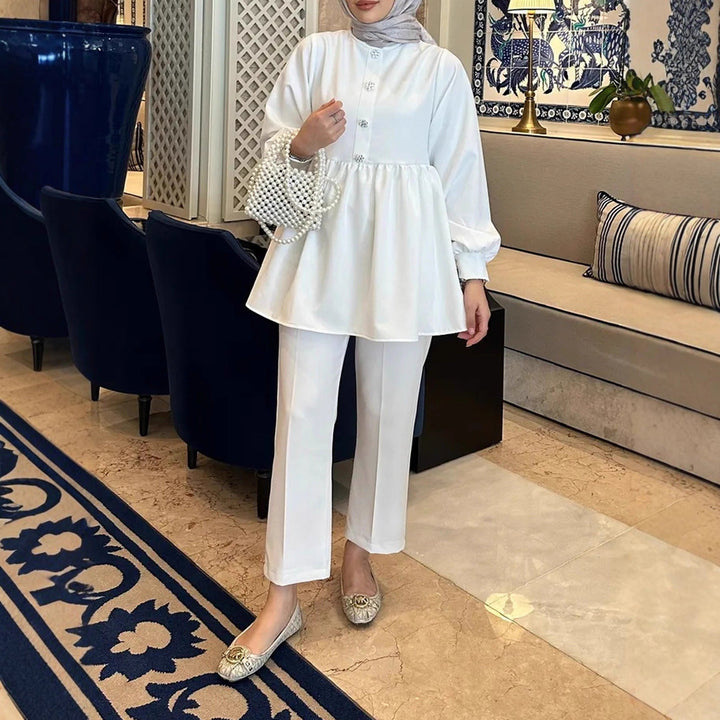 Modisches Damen Tunika-Hosen-Set, lockerer Schnitt, elegant für Business & Casual Outfits. Moderner Zweiteiler.