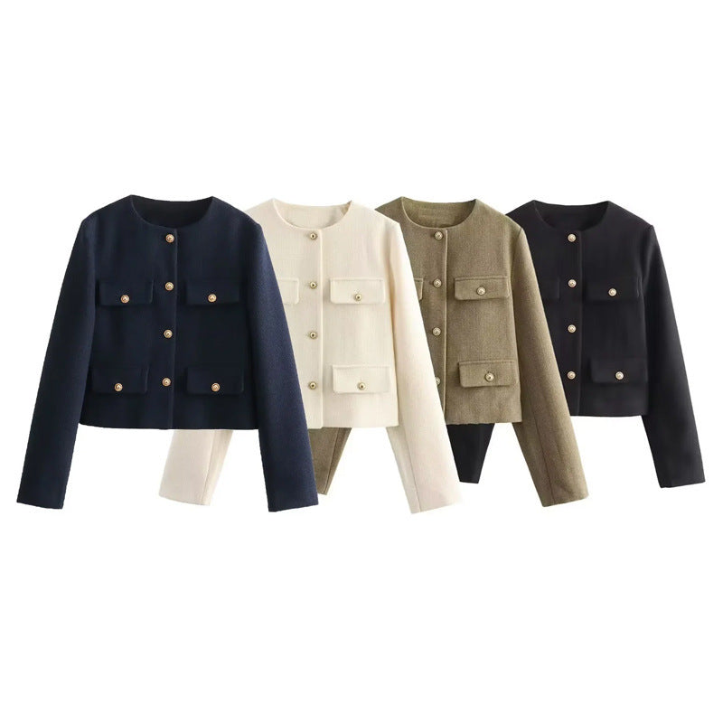 Damen modische kurze Jacke mit Pattentaschen, ideal für casual und elegante Looks.