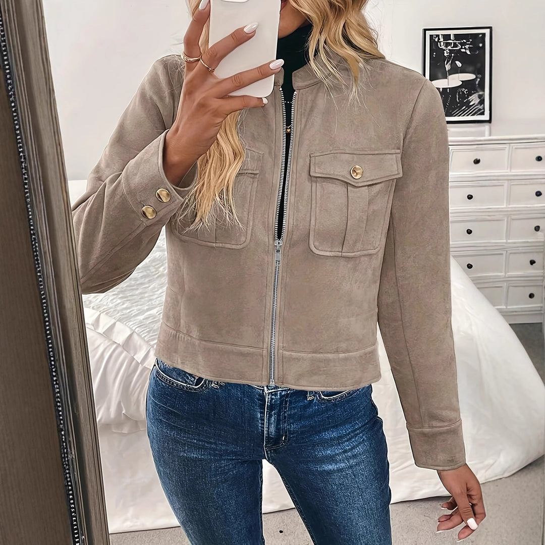 Damen elegante Kurzjacke, modern geschnitten, perfekt für Frühling & Herbst. Stilvolle Übergangsjacke für Frauenmode.