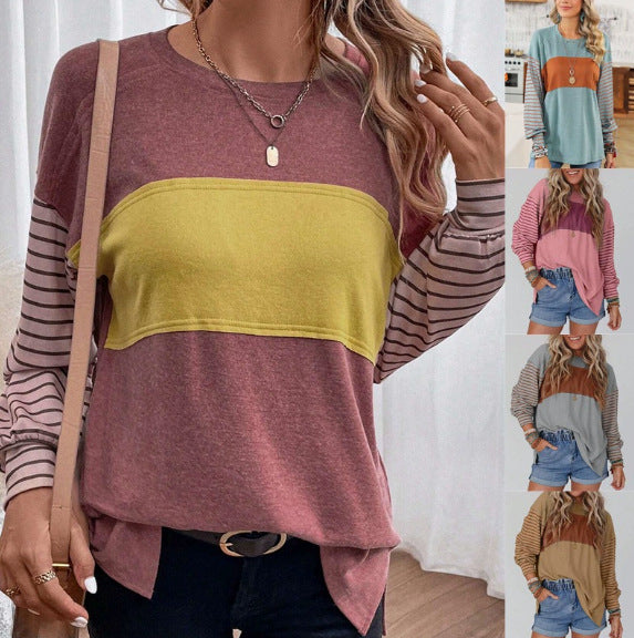 Damen Oversize Longsleeve Colorblock mit gestreiften Ärmeln, ideal für lässige Freizeitlooks im Herbst.