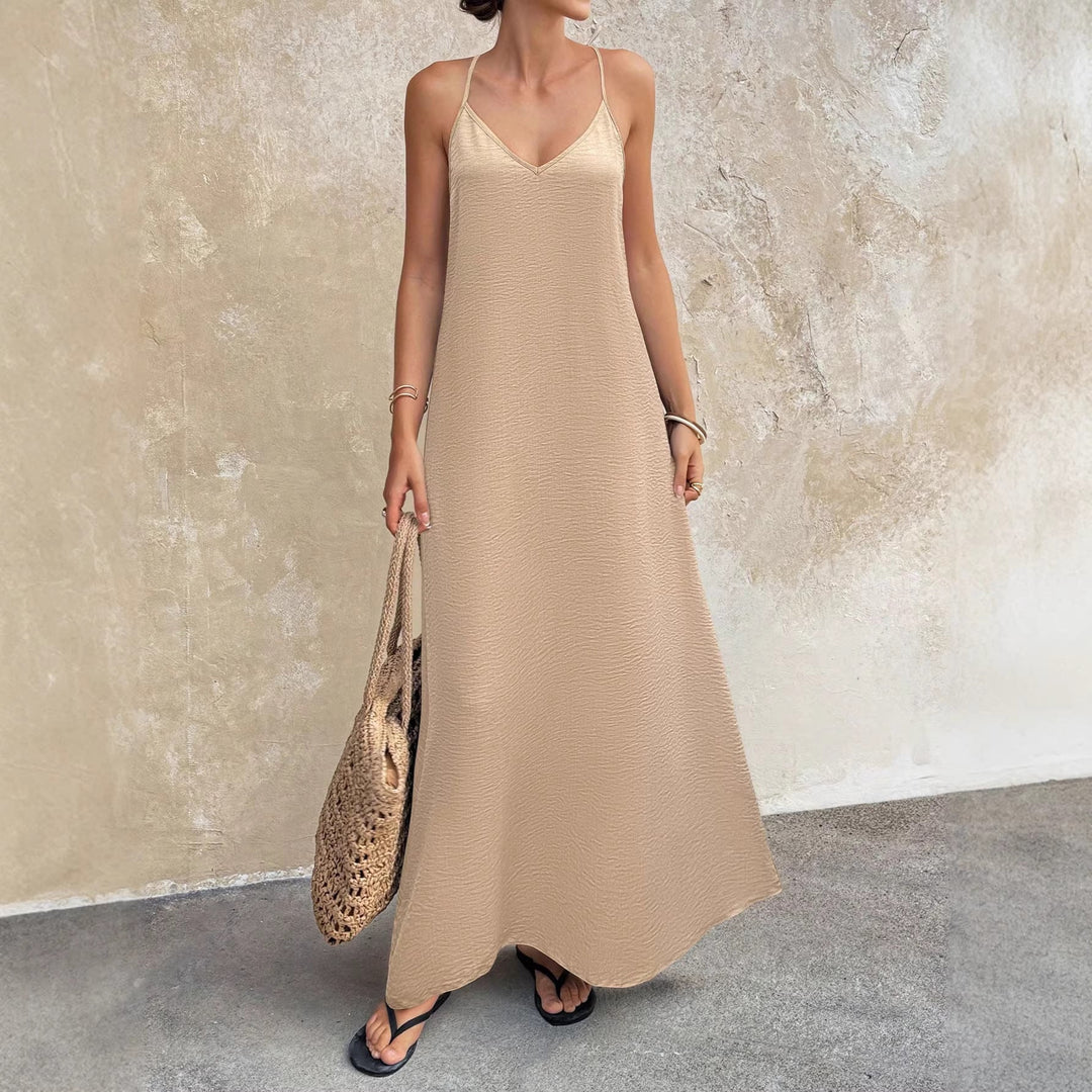 Casual Sommer Maxikleid mit Spaghettiträgern und V-Ausschnitt für Damen, ideal für Freizeit und Urlaub.