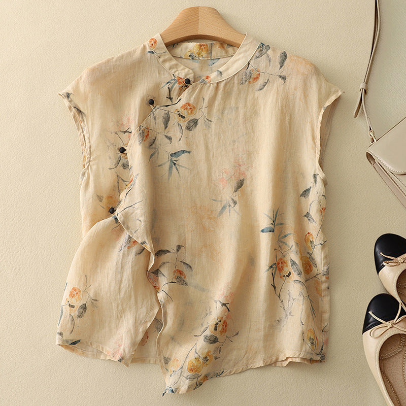 Elegante Damen Kurzarm Bluse mit Stehkragen und stilvollem Blumenmuster, ideal für Business und Freizeit im Frühling.