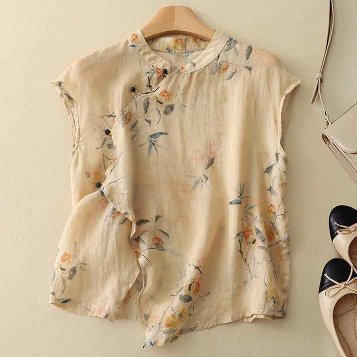 Elegante Damen Kurzarm Bluse mit Stehkragen und stilvollem Blumenmuster, ideal für Business und Freizeit im Frühling.