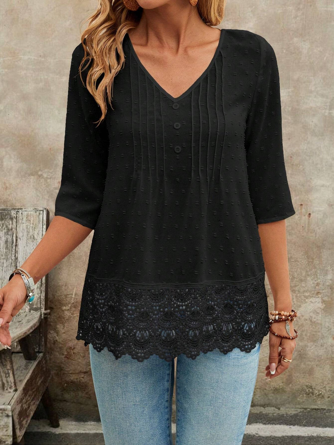 Damen Tunika Bluse im Herbst Mode Stil, elegant und komfortabel mit 3/4 Ärmeln und V-Ausschnitt.