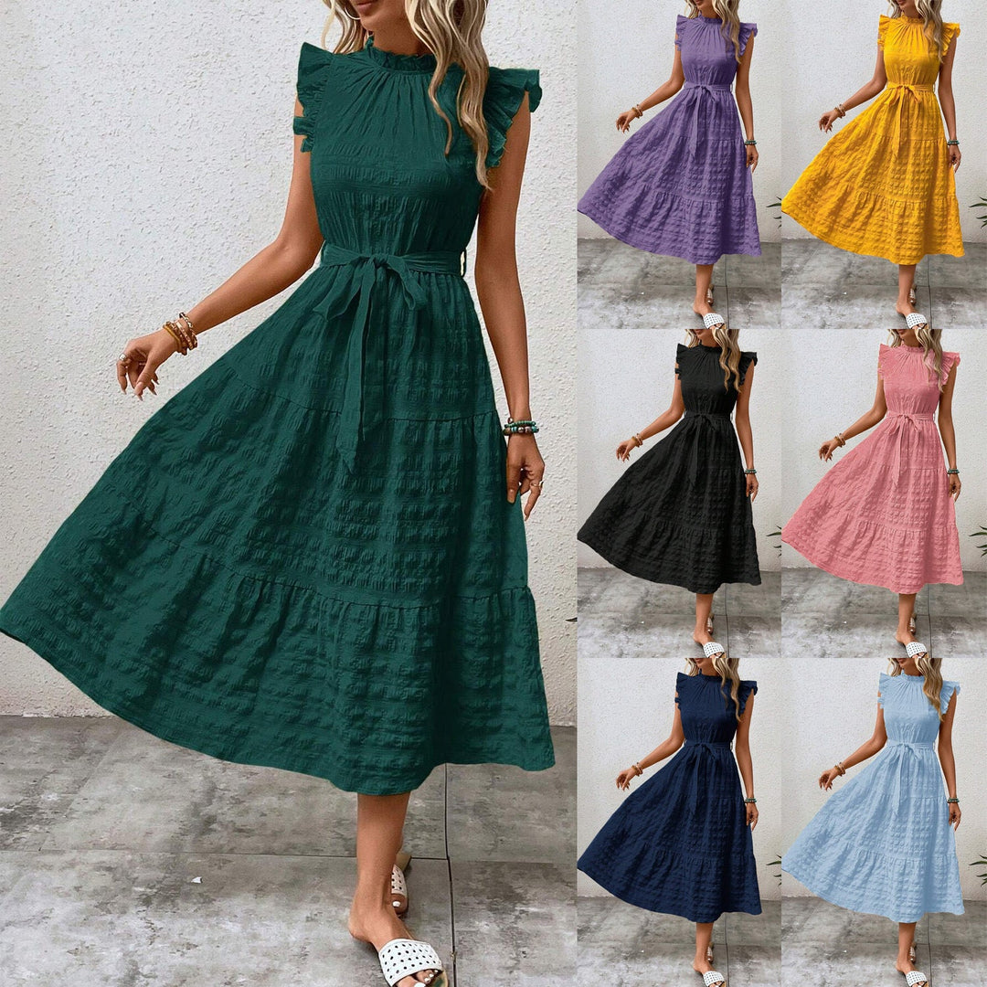 Elegantes Damen Midikleid mit Stehkragen, Rüschenärmeln & Gürtel. Figurbetontes Sommerkleid in Midilänge.