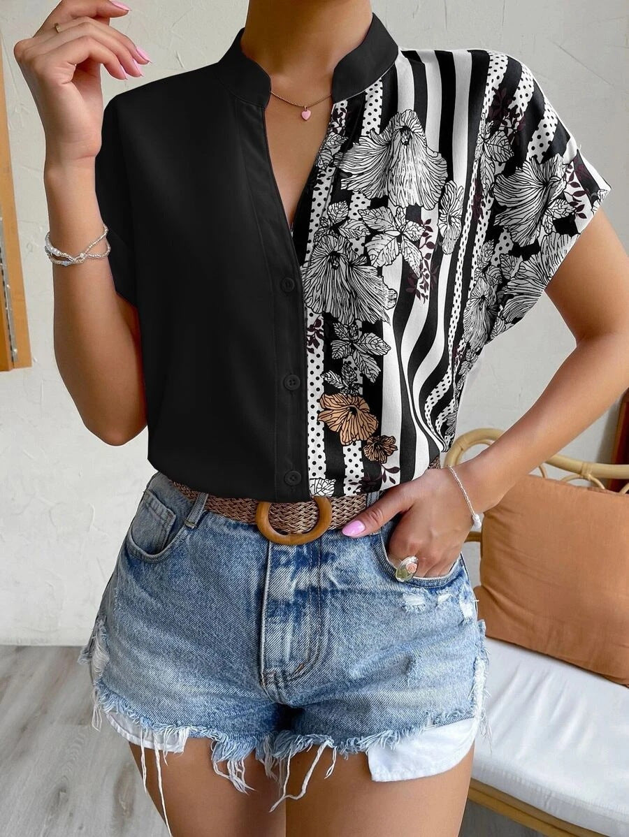 Vielseitige Damen Sommerbluse, Kurzarm, Stehkragen, Streifen-Blumenprint; für Büro & Freizeit.