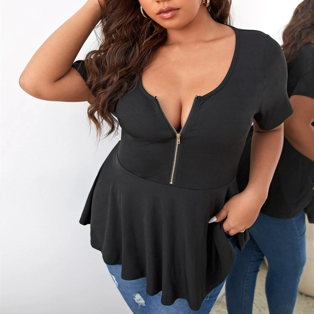 Schickes Damen Peplum-Top, schmeichelhafter Schößchen-Schnitt. Mit V-Ausschnitt & Reißverschluss für elegante Frauen.