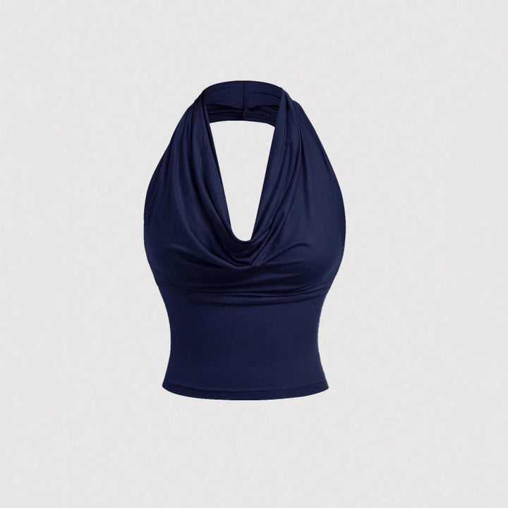 Elegantes Damen Neckholder Cropped Top, tailliert mit Wasserfall-Ausschnitt. Perfekt für Party & Abendmode.
