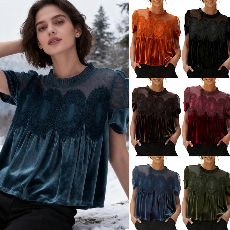 Damen Elegante Samtbluse mit Spitzenbesatz, A-Linie. Perfekt für festliche Anlässe.