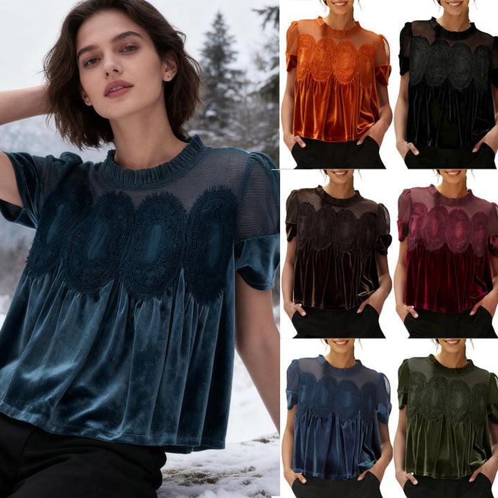 Damen Elegante Samtbluse mit Spitzenbesatz, A-Linie. Perfekt für festliche Anlässe.