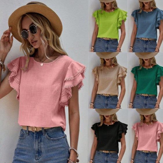 Elegante Damen Bluse mit Volantärmeln & zartem Pompon-Spitzenbesatz für sommerlichen Chic.
