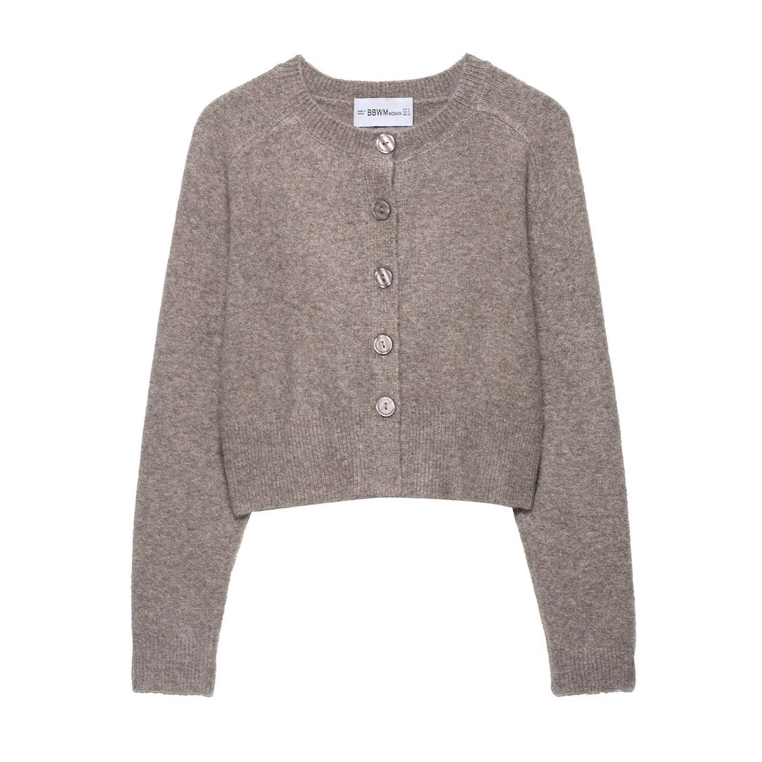 Damen Cropped Strickjacke mit elegantem Rundhalsausschnitt und Knopfverschluss, ideal für den Frühling.