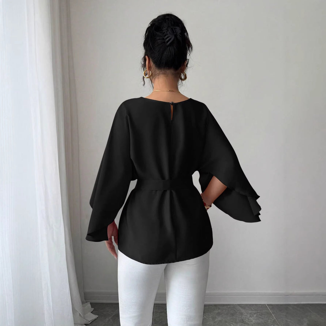 Feminine Tunika für Damen mit Taillengürtel & eleganten Cape-Ärmeln, vielseitig für Büro & Freizeit.