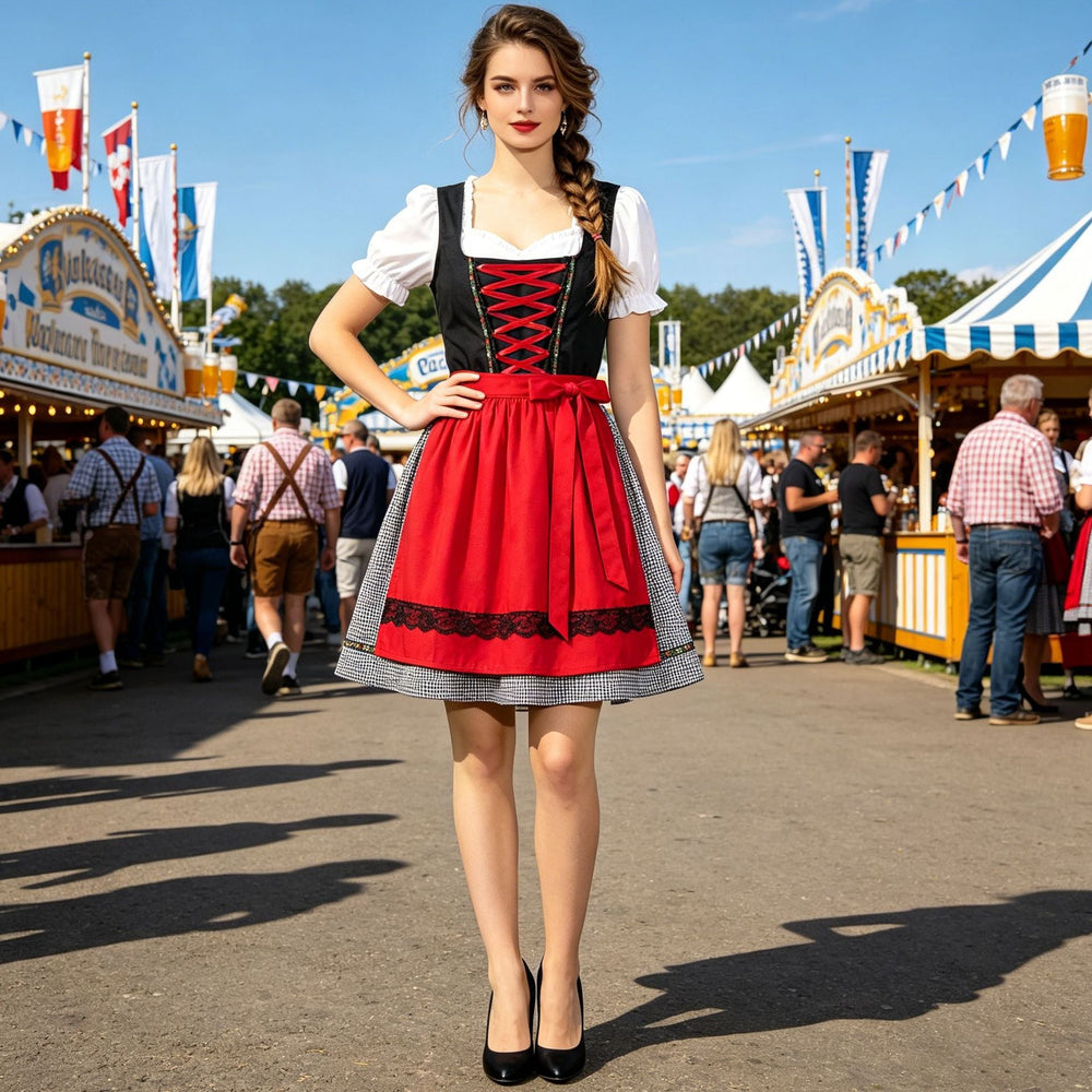 Kurzes Trachtenkleid für Damen mit weißer Puffärmelbluse & dekorativer Schürze, modernes Dirndl-Set.