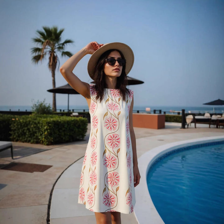 Modisches Damen Midikleid, ärmellos, mit frischem Blumenmuster; ein schickes Urlaubskleid für jede Frau.