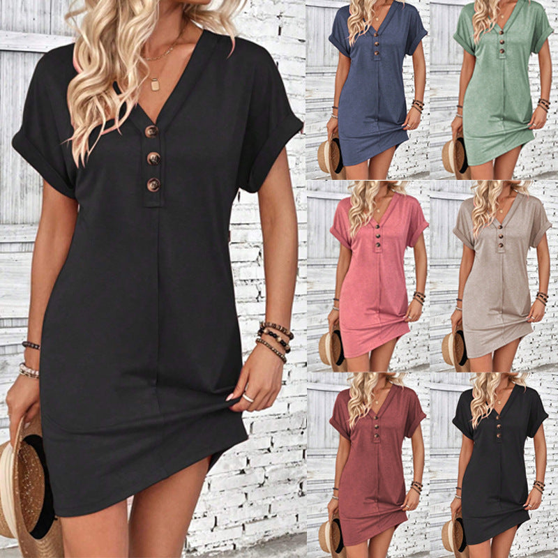 Damen Freizeitkleid mit V-Ausschnitt, locker geschnitten für Sommer & Urlaub, kurzarm.