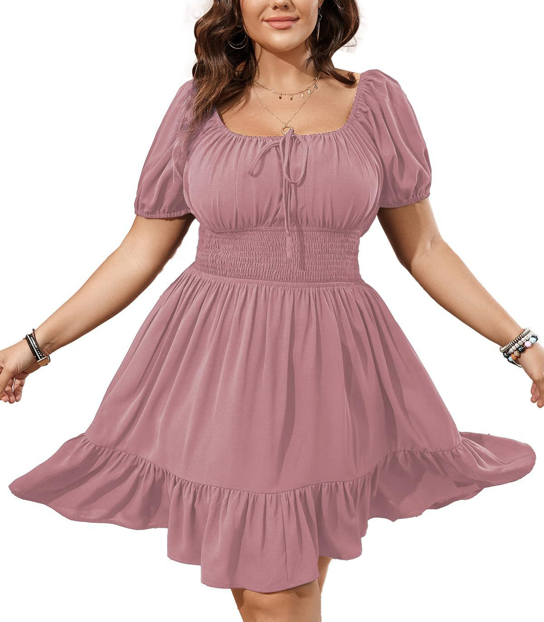 Modernes Damen Midikleid mit Puffärmeln und Smok-Taille. Perfektes Sommerkleid für Eleganz & Komfort.