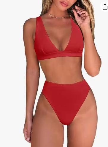 Eleganter Damen Badeanzug im 2-Teiler Stil: Hochtaillierter Bikini mit V-Ausschnitt. Vielseitig.