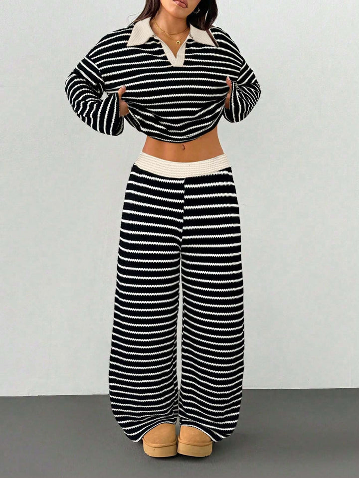 Modischer Damen Freizeitanzug: Gestreiftes Oberteil mit Polokragen & elegante Palazzo Hose.